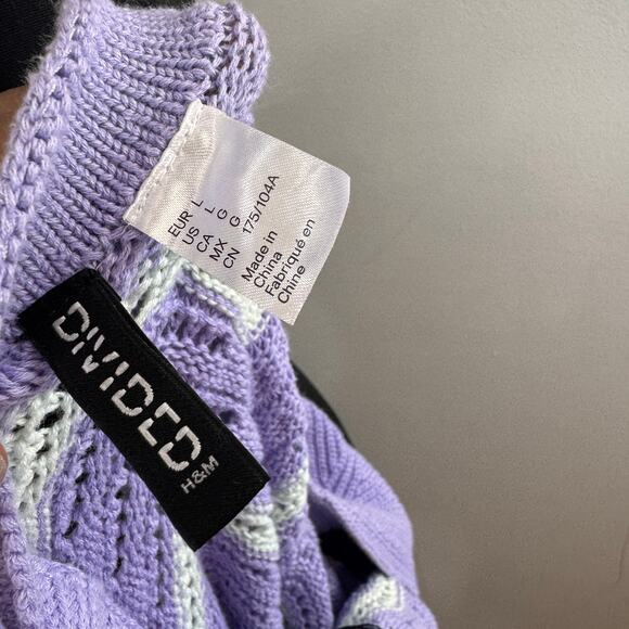 H&M Purple White Bodycon Dress Crochet Fine-Knit V-Neck Cross Back Strap Large L - Picture 6 of 7